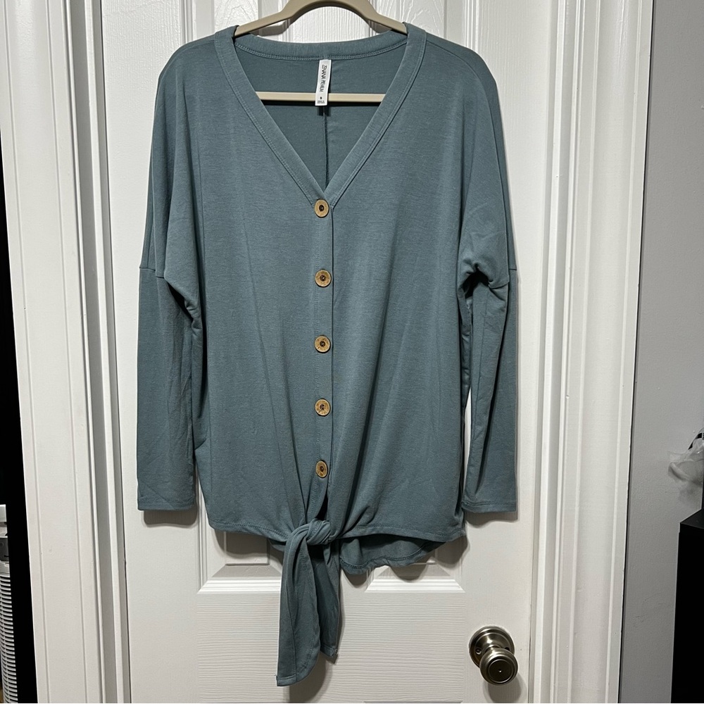 Zenana Premium Teal Blue Button-Down Long Sleeve Tie Front Top